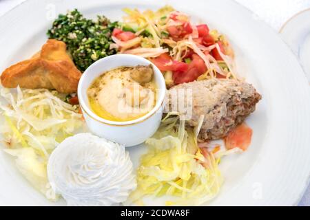 Arabic mezze plate with different vegetarian appetizers Stock Photo