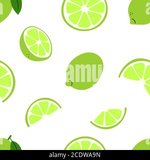 Citrus fruit. Lime with green leaves. Lime whole and cut, half and slices. Modern vector seamless pattern with limes isolated on white. Endless Stock Vector