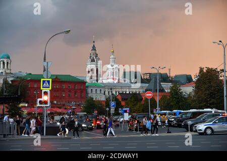 Moscow, Russia - September 22. 2018. Revolution Square and Zaikonospassky Monastery Stock Photo