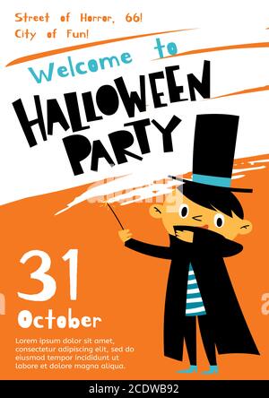 Vector Welcome to Halloween party poster in cartoon flat style Stock Vector