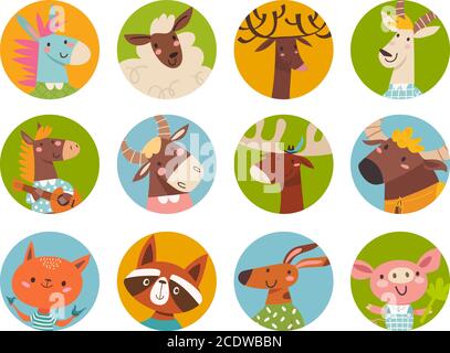 Farm animals vector set of cute cartoon animals faces in flat style Stock Vector