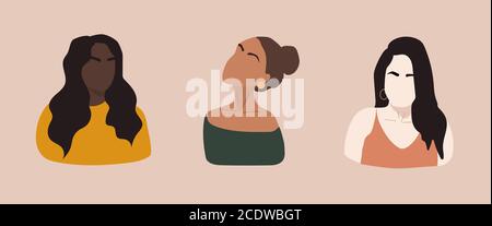 Set of female shapes and silhouettes on retro background. Abstract women in pastel colors. Collection of contemporary art posters. Fashion girls for Stock Vector