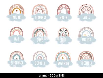 Trendy rainbows in boho style in different color. Rainbows with cloud, sun, stars and hearts. Doodle art elements. Vector design for childbirth Stock Vector