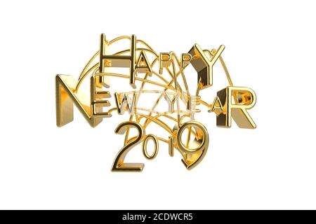 Happy New Year 2019 Christmas elegant golden lettering word with letters bound by strings isolated on white background. Holyday Stock Photo