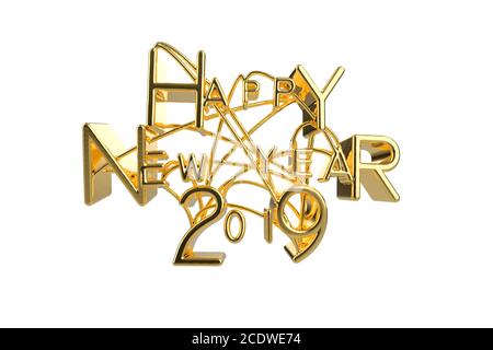 Happy New Year 2019 Christmas elegant golden lettering word with letters bound by strings isolated on white background. Holyday Stock Photo
