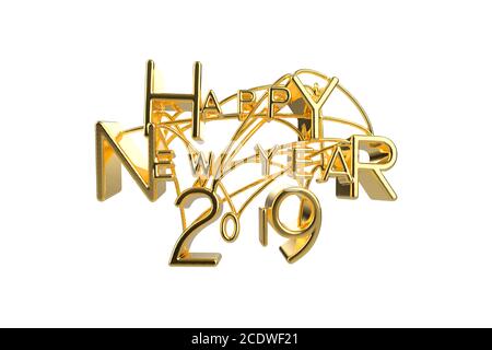 Happy New Year 2019 Christmas elegant golden lettering word with letters bound by strings isolated on white background. Holyday Stock Photo