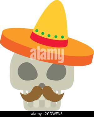 mexican skull with mustache and hat over white background, line style ...