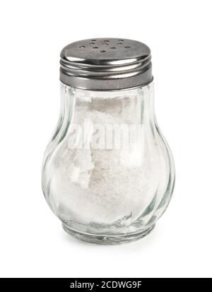 Salt shaker isolated on white background. Salt in glass bottle. Stock Photo