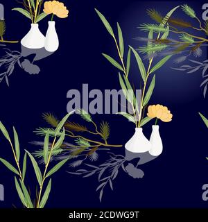 plants in white vases composition on dark blue seamless pattern Stock Vector