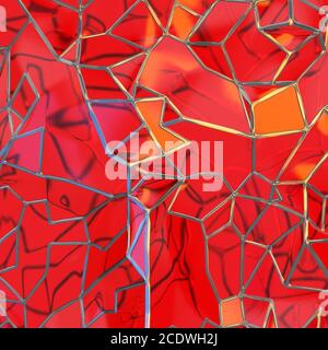 Abstract 3d rendering of chaotic red glass windows landscape structure with golden frame. Futuristic texture background Stock Photo