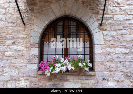 Typical Italian Window With Closed Wooden Shutters, Decorated With Fresh Flowers Stock Photo