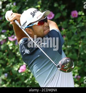 Hideki Matsuyama of Japan hits from the first tee during the third round of the BMW Championship in Olympia Fields, Illinois, on Aug. 29, 2020. (Kyodo)==Kyodo Photo via Credit: Newscom/Alamy Live News