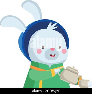 rabbit cartoon with traditional cloth tea pot and cup design, Happy mid autumn harvest festival oriental chinese and celebration theme Vector illustration Stock Vector
