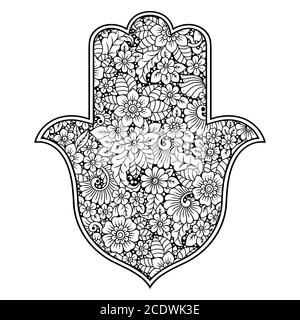 Hamsa hand drawn symbol with flower. Decorative pattern in oriental style for interior decoration and henna drawings. The ancient sign of 'Hand of Fat Stock Vector