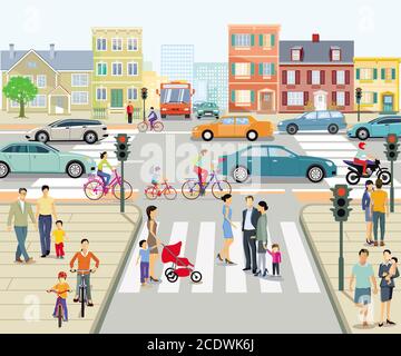 City view with pedestrian crossing and People, illustration Stock Photo ...
