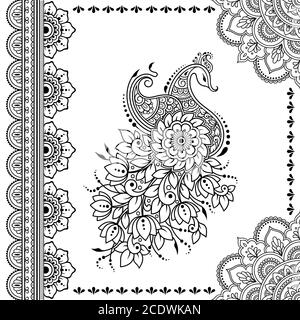 Stylized with henna tattoo decorative pattern for decorating covers book, notebook, casket, postcard and folder. Mandala, flower, peacock and border i Stock Vector