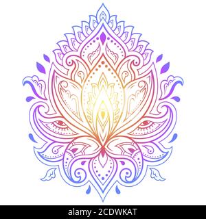 Colorful floral pattern for Mehndi and Henna drawing. Hand-draw lotus symbol. Decoration in ethnic oriental, Indian style. Rainbow design on white bac Stock Vector