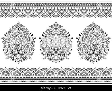 Seamless pattern of mehndi lotus flower and border for Henna drawing and tattoo. Decorative doodle ornament in ethnic oriental, Indian style. Outline Stock Vector