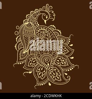 Mehndi flower pattern with peacock for Henna drawing and tattoo. Decoration in ethnic oriental, Indian style. Doodle ornament. Outline hand draw vecto Stock Vector