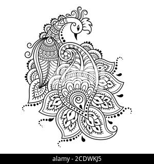 Mehndi flower pattern with peacock for Henna drawing and tattoo. Decoration in ethnic oriental, Indian style. Doodle ornament. Outline hand draw vecto Stock Vector