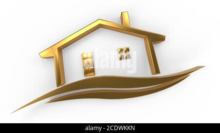 Real estate icon gold material with wave curve 3d illustration Stock Photo