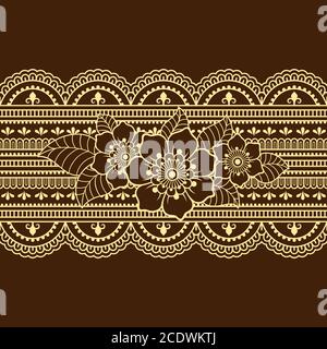 Seamless borders pattern with Mehndi flower for Henna drawing and tattoo. Decoration in ethnic oriental, Indian style. Doodle ornament. Outline hand d Stock Vector