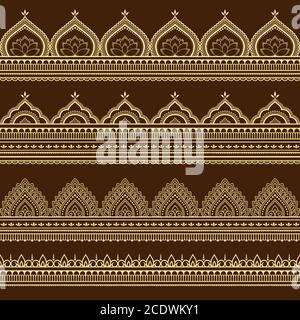 Seamless borders pattern for Mehndi, Henna drawing and tattoo. Decoration in ethnic oriental, Indian style. Doodle ornament. Outline hand draw vector Stock Vector