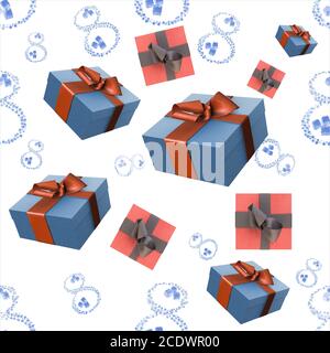 8 numbers made of water drops and ice, gift boxes and cast gold isolated on white background. Happy womans day seamless design p Stock Photo
