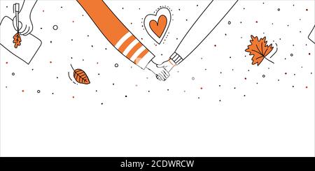 Autumn seamless horizontal romantic border.Male and female hand holding together,hearts, orange leaves, hand draws oak leaf on sheet.Cute vector Stock Vector