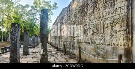 Bas-relief at  Bayon temple in Angkor Thom. Siem Reap. Cambodia. Panorama Stock Photo