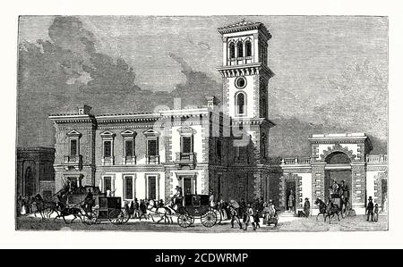 An old 1840s engraving of London Bridge Station, Borough, London, England, UK. It was opened in 1836, making it the oldest London railway terminus that is still used. The station was originally opened by the London and Greenwich Railway as a local terminus. It subsequently served the London and Croydon Railway, the London and Brighton Railway and the South Eastern Railway, becoming an important London station. This engraving shows the design for the rebuilt station, completed in 1849. Rebuilding work took place again in 1864 to provide more services and increase capacity. Stock Photo