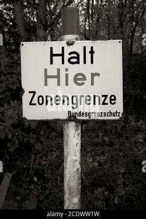 Warning sign on the former inner German border Stock Photo