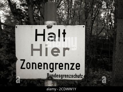 Warning sign on the former inner German border with the inscription Stop here zonal border Stock Photo