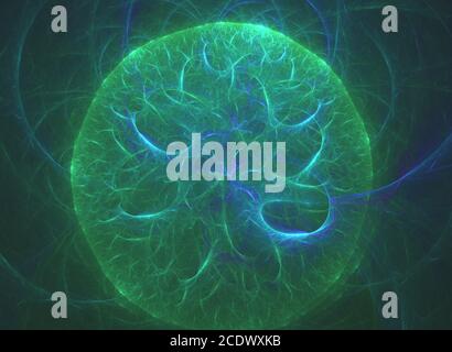 glowing green curved lines in shape of sphere over dark Abstract Background space universe. Illustration Stock Photo