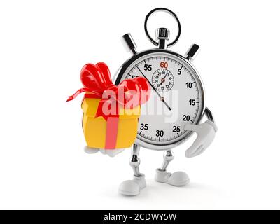 Stopwatch character holding gift isolated on white background Stock Photo