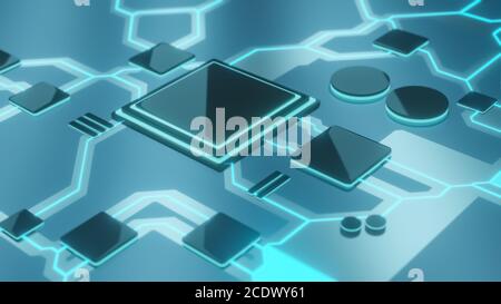 Technology background, CPU central processing unit on circuit board with glowing connections, ai futuristic micro processor concept, 3D CGI render Stock Photo