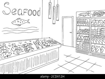 Grocery store graphic seafood fish shop interior black white sketch illustration vector Stock Vector