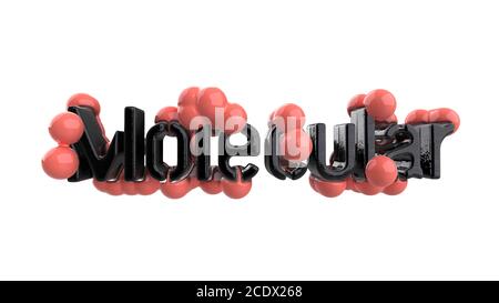 Model of abstract molecular structure with word lettering in trendy living coral color with black. Isolated on white background. Stock Photo