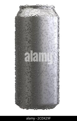 Aluminium beer or soda mock up. Realistic blank metallic can covered by water drops isolated on white background. 3d illustratio Stock Photo