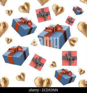 Christmas New Year colorful blue and red gift boxes and golden hearts with bows of ribbons flying on white background. seamless Stock Photo