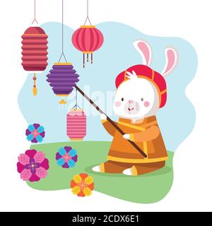 rabbit cartoon in traditional cloth with lantern and flowers design, Happy mid autumn harvest festival oriental chinese and celebration theme Vector illustration Stock Vector