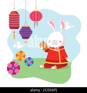 rabbit cartoon in traditional cloth with mooncake and lanterns design, Happy mid autumn harvest festival oriental chinese and celebration theme Vector illustration Stock Vector