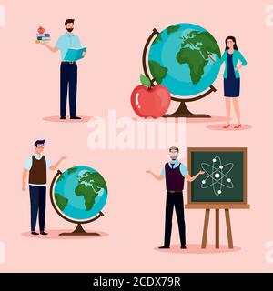 men and woman teachers with green board and worlds spheres vector design Stock Vector