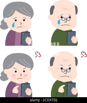 Set of elderly people getting angry. Vector illustration isolated on white background. Stock Vector