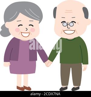 Elderly couple smile holding hands. Vector illustration isolated on white background. Stock Vector