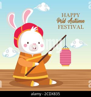 rabbit cartoon in traditional cloth with lantern design, Happy mid autumn harvest festival oriental chinese and celebration theme Vector illustration Stock Vector