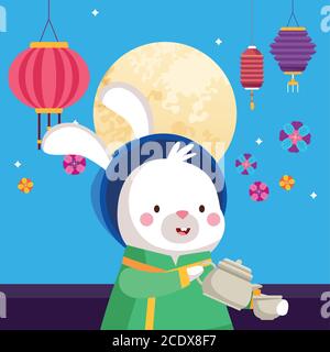 rabbit cartoon in traditional cloth with tea pot and cup design, Happy mid autumn harvest festival oriental chinese and celebration theme Vector illustration Stock Vector