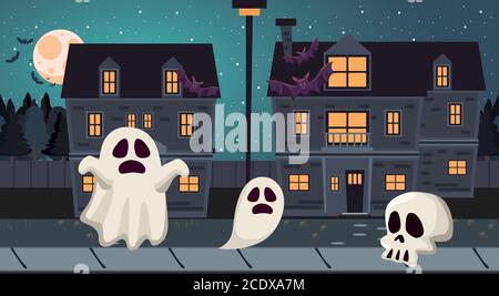 Halloween ghosts and skull cartoons at night design, Holiday and scary theme Vector illustration Stock Vector