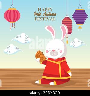 rabbit cartoon in traditional cloth with mooncake and lanterns design, Happy mid autumn harvest festival oriental chinese and celebration theme Vector illustration Stock Vector