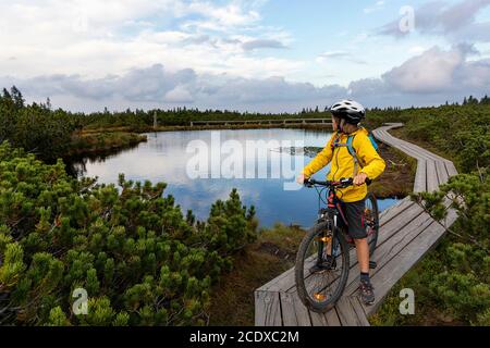 Young boy cycling on a mtb on wooden boardwalk crossing marshes surrounded with bushes, Lovrenska jezera lakes, Slovenia Stock Photo